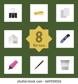 Flat Icon Tool Set Of Trashcan, Sheets, Knife And Other Vector Objects. Also Includes Pushpin, Highlighter, Cutter Elements.