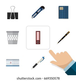 Flat Icon Tool Set Of Trashcan, Paper Clip, Nib Pen And Other Vector Objects. Also Includes Dossier, Write, Binder Elements.