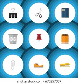 Flat Icon Tool Set Of Trashcan, Supplies, Sticky And Other Vector Objects. Also Includes Tool, Paper, Copybook Elements.