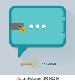 Flat Icon Of Top Secret Speech Bubble Background With Key Lock, Vector 