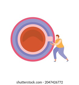 Flat icon with top view tea cup of saucer and tiny person vector illustration