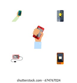 Flat Icon Touchscreen Set Of Cellphone, Keep Phone, Accumulator And Other Vector Objects. Also Includes Chatting, Holding, Screen Elements.