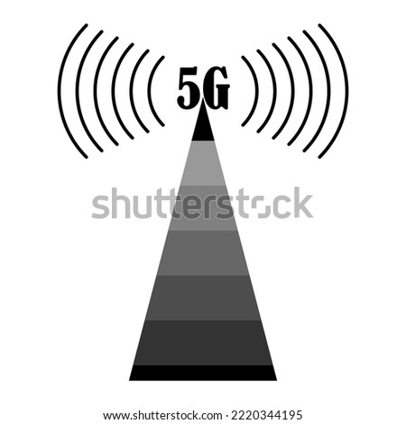 Flat icon with tower 5g icon. Global network. Radio station signal. Internet communication. Vector illustration. stock image. 