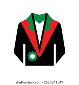 Flat Icon of Traditional Ceremonial Jacket in Black, Red, and Green with Decorative Badge – Cultural Attire Symbol for Festivals, Heritage, or Awards