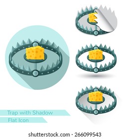 flat icon trap with piece of cheese isolated on white with oval  long shadow and folded corner

