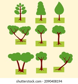 Flat icon tree collection .Green forest. Ecology concept.Design for web clipart,  2d cartoon layout parts, social media content, element , decoration