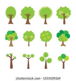 Colección de árbol plano aislada en fondo blanco.Bosque verde.Concepto ecológico.Diseño para clipart web.