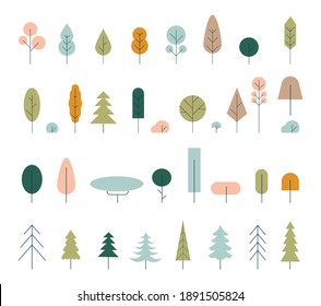 Flat icon tree collection isolated on white background.Green forest.Ecology concept. Tree icon.  Green plants with leaves ecology garden botanical. Hand drawn set of Christmas trees.