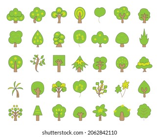 Flat icon tree collection isolated on white background.Green forest.Cartoon.Ecology concept.Design for clipart.