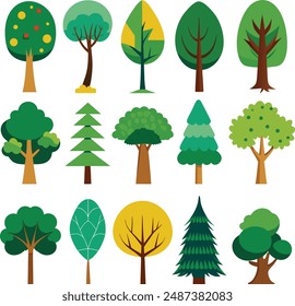 Colección de árbol de ícono plano aislado sobre fondo blanco. Bosque verde. Concepto de ecología. Diseño para Clipart de Web.