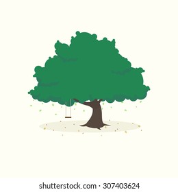 Flat icon of tree with falling leaves and swing, isolated on light background