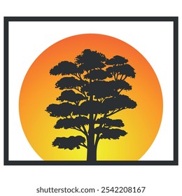 Flat icon with a tree silhouette on the background of a big orange sun. Vector on gray background