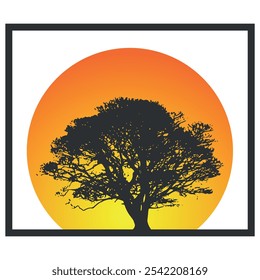 Flat icon with a tree silhouette on the background of a big orange sun. Vector on gray background