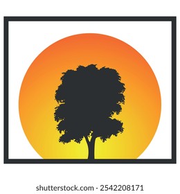 Flat icon with a tree silhouette on the background of a big orange sun. Vector on gray background