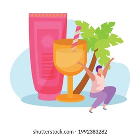 Flat icon with tube of sunscreen cocktail glass and happy character vector illustration