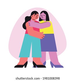 Flat icon with two cheerful women hugging vector illustration