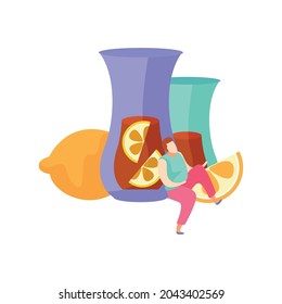 Flat icon with two glass cups of lemon tea and human character vector illustration