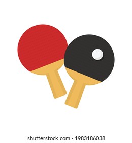 Icono plano dos raquetas de ping pong con bola aislada en fondo blanco. Chaquetas rojas y negras. Ilustración vectorial.