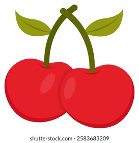 Flat icon of two red cherries with a green leaf isolated on white background.