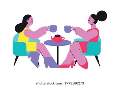 Icono plano con dos mujeres sonrientes tomando café en la ilustración del vector de mesa