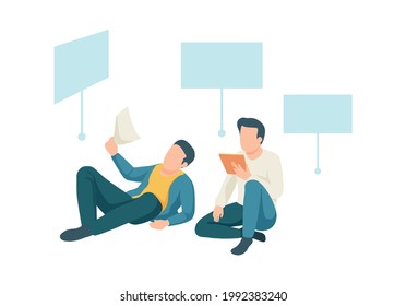 Flat icon with two students learning material on paper and using tablet vector illustration