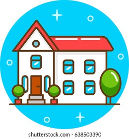 Flat icon two-storey house with trees and shrubs