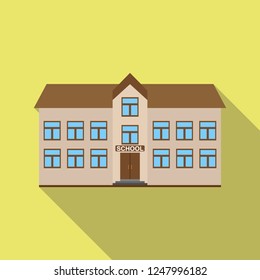 Flat icon of a two-story building with an inscription school, long shadow