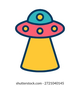 Um ícone plano de um OVNI com um feixe de luz, em cores divertidas.