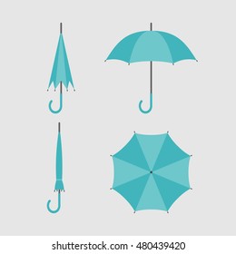 Flat icon umbrella. Opened and folded umbrellas