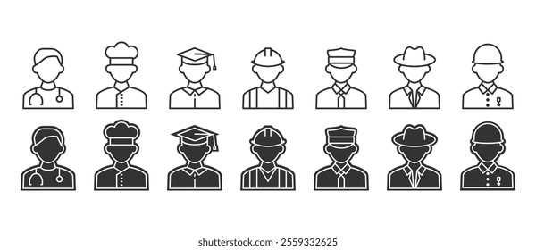 Flat icon of Various occupations human characters. Collection of premium quality flat profession symbols. Simple job pictogram pack. Human work icon vector in transparent background.