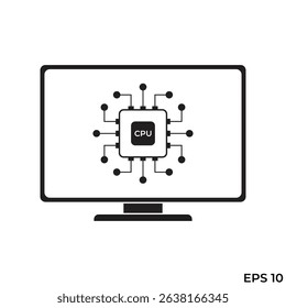 flat icon vector of computer monitor with cpu chip