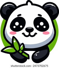 Flat Icon Vector Of Cute Cartoon Panda Character with Bamboo.