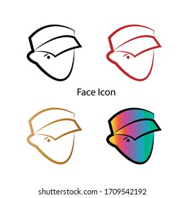 Flat icon of vector. Design boy head with black hat on white background. Isolated print for illustration, product, article, sign, symbol.