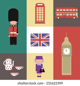 Icono plano, símbolo de Inglaterra con reina, tetera, Big Ben, guardia, bandera, teléfono y bus. EPS 10