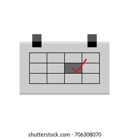 Flat icon vector of grey calendar with red check mark on white background.