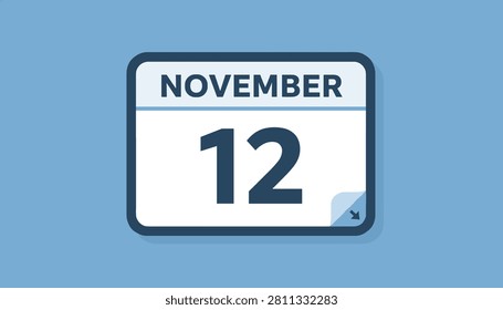 Flat icon vector illustration of calendar page showing twelfth of November with blue background and shadow effect.
