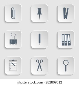 flat icon vector illustration collection: Paper clips, Stapler, push pin, Binder clip, Pencil, Scissors, magnify icon, Clipboard, Binders