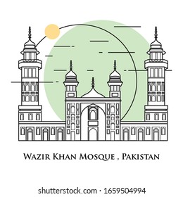 Flat icon vector illustration of a historic building mosque in the Pakistan, Simple outline icon design cartoon landmark for praying vacation travel tourist attractions. Wazir Khan Mosque.