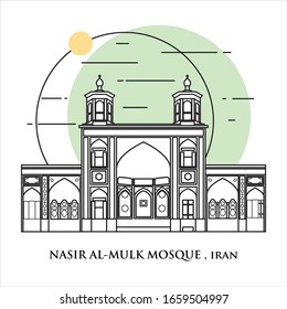 Flat icon vector illustration of a historic building mosque in Iran, Simple outline icon design cartoon landmark for praying vacation travel tourist attractions. Nasir Al Mulk Mosque , Iran.