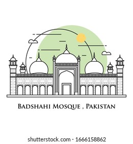 Flat icon vector illustration of a historic building mosque in the Pakistan, Simple outline icon design cartoon landmark for praying vacation travel tourist attractions. Badshahi Mosque Pakistan.