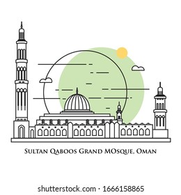 Flat icon vector illustration of a historic building mosque in the Oman, Simple outline icon design cartoon landmark for praying vacation travel tourist attractions. Sultan Qaboos Mosque.