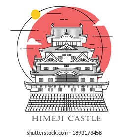 Flat icon vector illustration of a historic building castle in the Japan, Simple outline icon design cartoon landmark for praying vacation travel tourist attractions. Line art of Himeji Castle