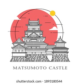 Flat icon vector illustration of a historic building castle in the Japan, Simple outline icon design cartoon landmark for praying vacation travel tourist attractions. Line art of Matsumoto Castle