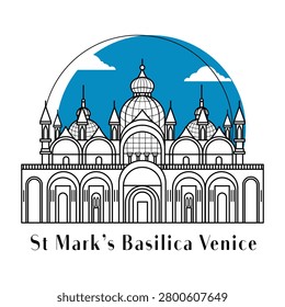 Flat icon vector illustration of a historic building in Italy, Simple outline icon design cartoon landmark for vacation travel tourist attractions. Line art of St. Mark's Basilica