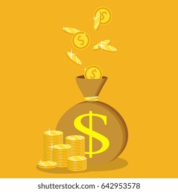 Flat icon, vector illustration. Money saving and money bag concept. Money making. Bank deposit. Financials. Isolated on a background.