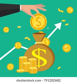 Flat icon, vector illustration. Money saving and money bag concept. Money making. Bank deposit. Financials. Isolated on a background.