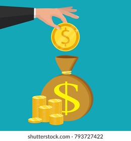 Flat icon, vector illustration. Money saving and money bag concept. Money making. Bank deposit. Financials. Isolated on a background.