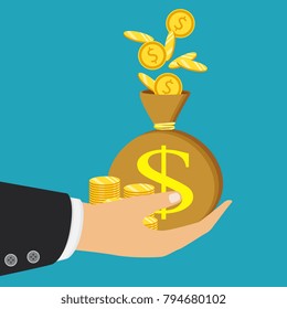 Flat icon, vector illustration. Money saving and money bag concept. Money making. Bank deposit. Financials. Isolated on a background.