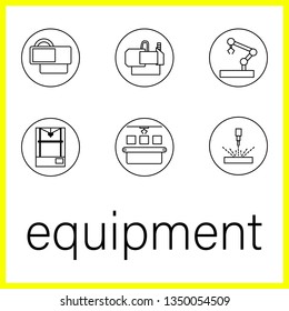 Flat Icon. vector illustration. Set molding machine, milling machine, robot, 3D printer, conveyor, laser, welding
