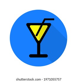 Flat icon vector with shadow effect in bright blue and yellow colors of martini cocktail glass for drinking bar concept. Isolated on white background. Social media icon